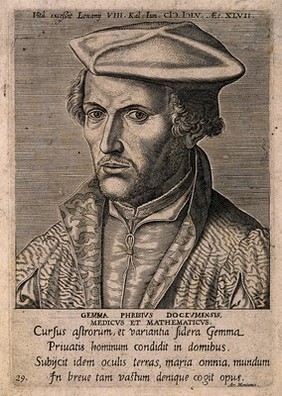 Gemma Reinier Phrysius (Frisius). Line engraving by P. Galle, 1572.