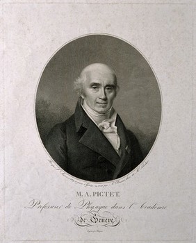 Marc-Auguste Pictet. Line engraving by Abraham Bouvier, 1821, after F. Massot, 1809.