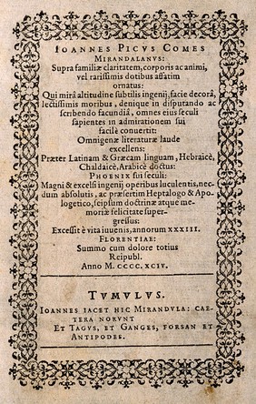 Giovanni Pico della Mirandola [Johannes Picus Mirandulanus]. Letterpress epitaph in his Epigrammata, 1494.