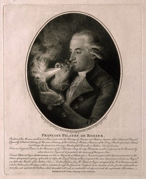 view Jean François Pilâtre de Rozier. Stipple engraving by J. Collyer, 1786, after J. Russell.