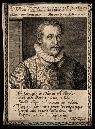 Joannes Pistorius. Line engraving by D. Custos after himself.