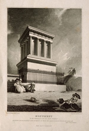 view The monument to John Playfair on Calton Hill, Edinburgh. Line engraving by W. H. Lizars, 1828, after H. Lizars.