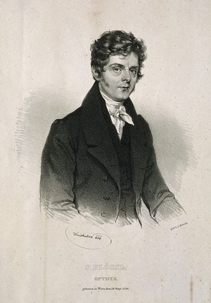 view Simon Plössl. Lithograph by J. Kriehuber, 1836.