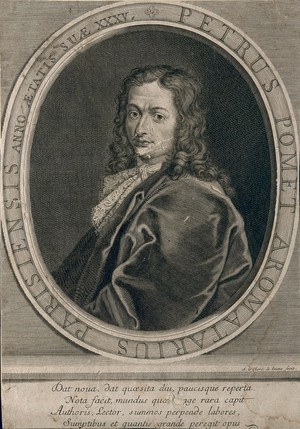 view Pierre Pomet. Line engraving by A. le Clerc, junior, 1694.