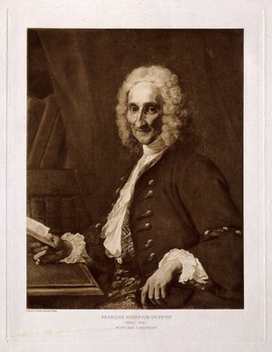 view François Pourfour du Petit [Petit]. Photogravure by I. Schutzenberger after J. Restout, 1737.