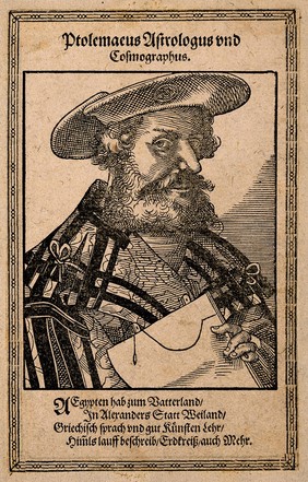 Claudius Ptolemaeus (Ptolemy). Woodcut by T. Stimmer, 1587.