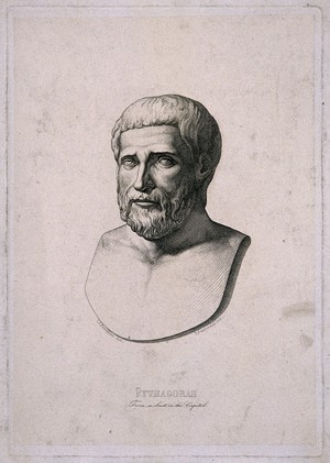 view Pythagoras. Line engraving by B. Bartoccini after C. C. Perkins.