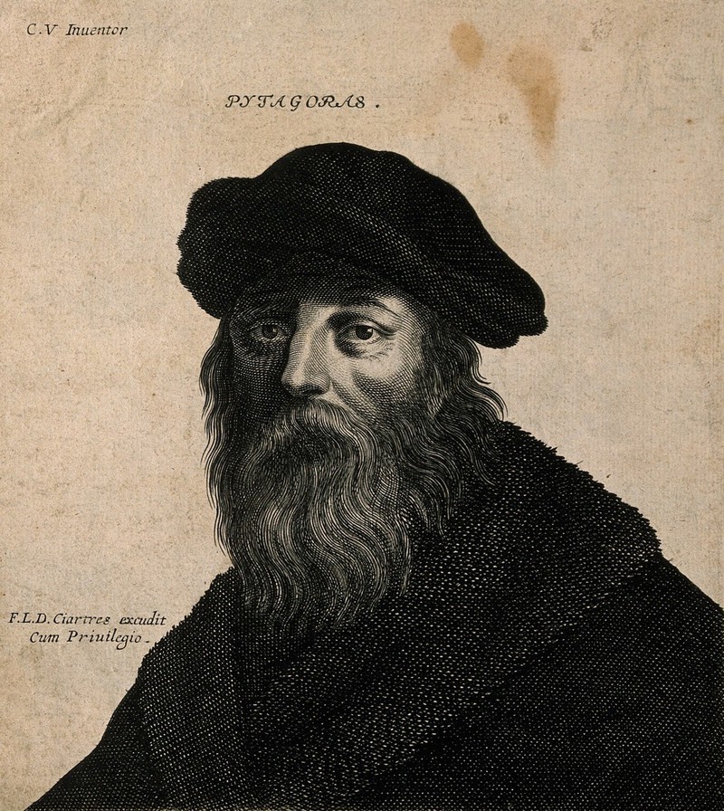 Pythagoras. Engraving attributed to H. David after C. Vignon., 1600-1699, by Claude Vignon