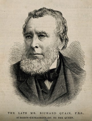Richard Quain, surgeon at University College Hospital, London. Wood engraving by R. Taylor, 1887.