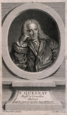 François Quesnay. Line engraving by J. G. Wille after J. Chevallier, 1745.