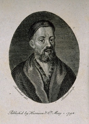 view François Rabelais. Line engraving by A. Birrell, 1794, after D. Sarrabat.