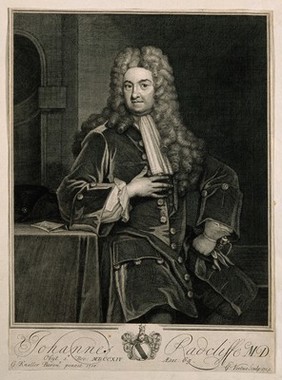 John Radcliffe. Line engraving by G. Vertue, 1719, after Sir G. Kneller, 1710.