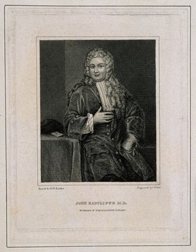 John Radcliffe. Line engraving by J. Fisher after Sir G. Kneller, 1710.