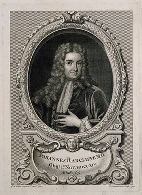 John Radcliffe. Line engraving by P. Fourdrinier, 1747, after Sir G. Kneller, 1710.