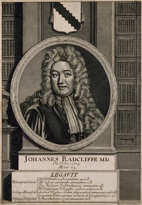 John Radcliffe. Line engraving by M. Burghers after Sir G. Kneller, 1710.