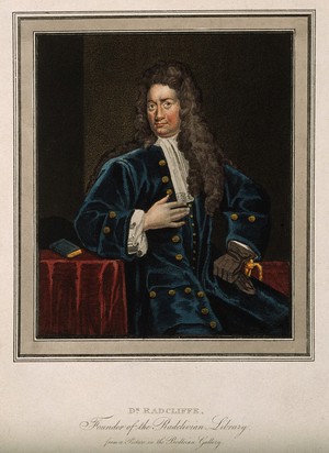 view John Radcliffe. Coloured stipple engraving after M. Dahl after Sir G. Kneller, 1710.