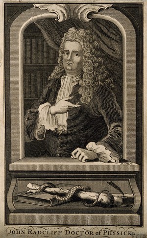 view John Radcliffe. Line engraving by B. Cole, 1754.