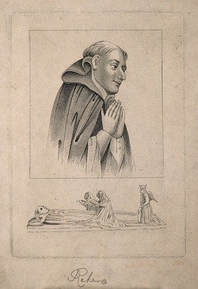 Rahere (above); his tomb effigy (below). Stipple engraving.