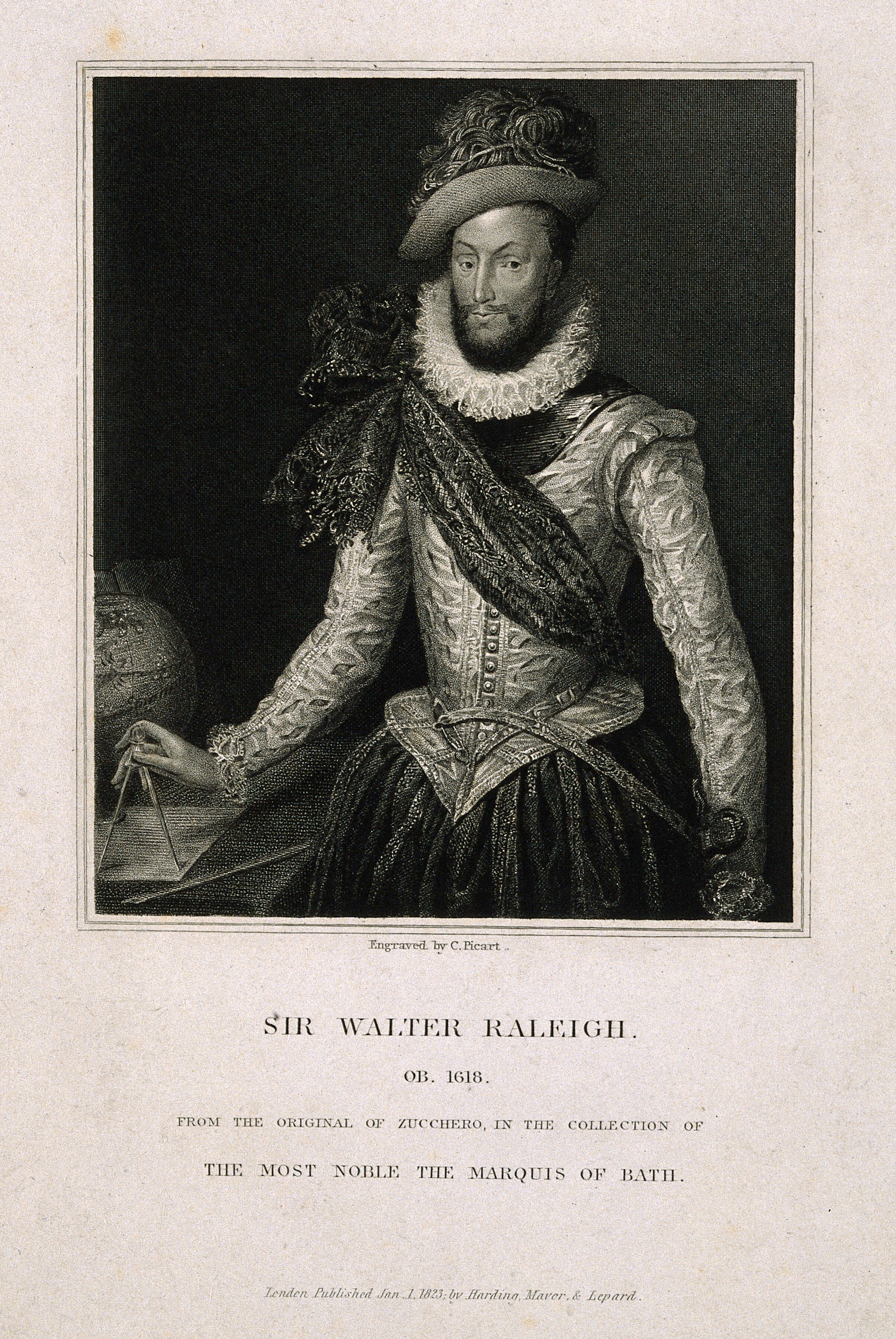 Sir Walter Raleigh Stipple Engraving By C Picart 1823 After