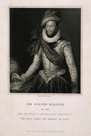 view Sir Walter Ralegh (?). Stipple engraving by C. Picart, 1823, after F. Zucchero (?).