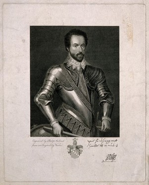 view Sir Walter Raleigh. Line engraving by P. Audinet, 1803, after G. Vertue.