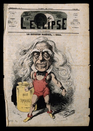 François Vincent Raspail. Coloured wood engraving (?) by Marchandeau after A. Gill, 1869.