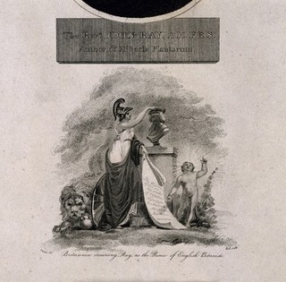 John Ray, with a vignette of Britannia crowning Ray as the prince of English botanists. Stipple engraving by W. Holl, 1804, after T. Uwins and Mary Beale.