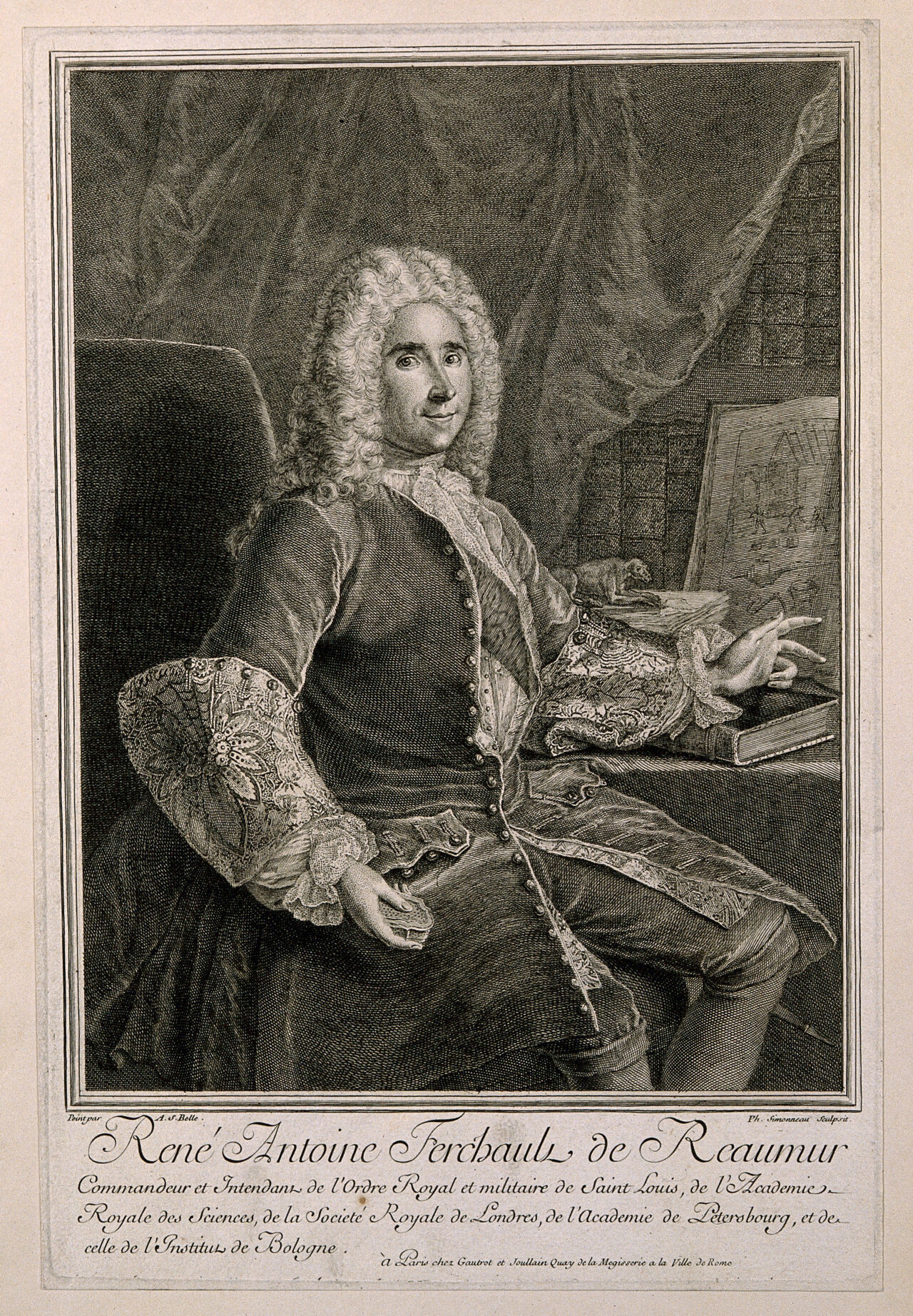René-Antoine Ferchault de Réaumur. Line engraving by P. Simonneau after A. S. Belle., by Alexis Simon Belle