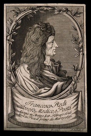 view Francesco Redi. Line engraving by A. Zaballi.