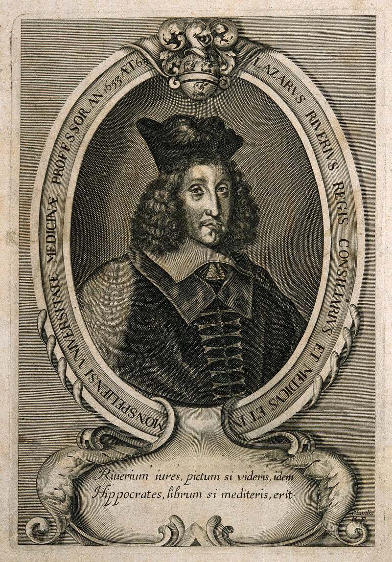 Lazare Rivière [Riverius]. Line engraving by C. Brunand, 1663., 1600-1699, by Claudine Brunand