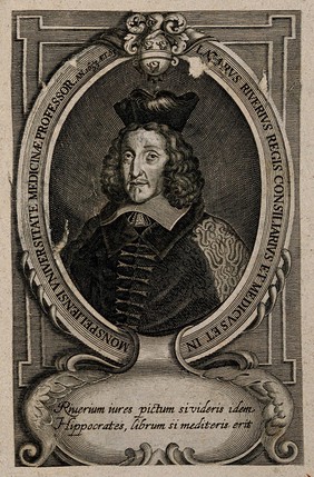 Lazare Rivière [Riverius]. Line engraving by N. Auroux, 1656.