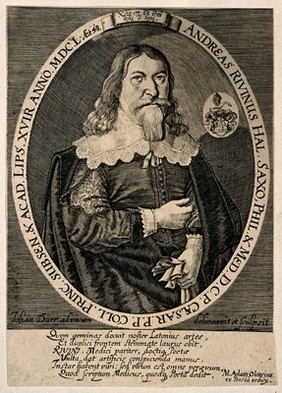 Andreas Rivinus. Line engraving by J. Dürr after himself.