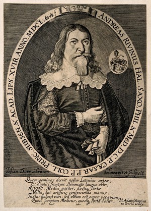 view Andreas Rivinus. Line engraving by J. Dürr after himself.