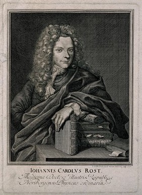 Johann Karl Rost. Line engraving by J. A. Delsenbach, 1716, after himself.