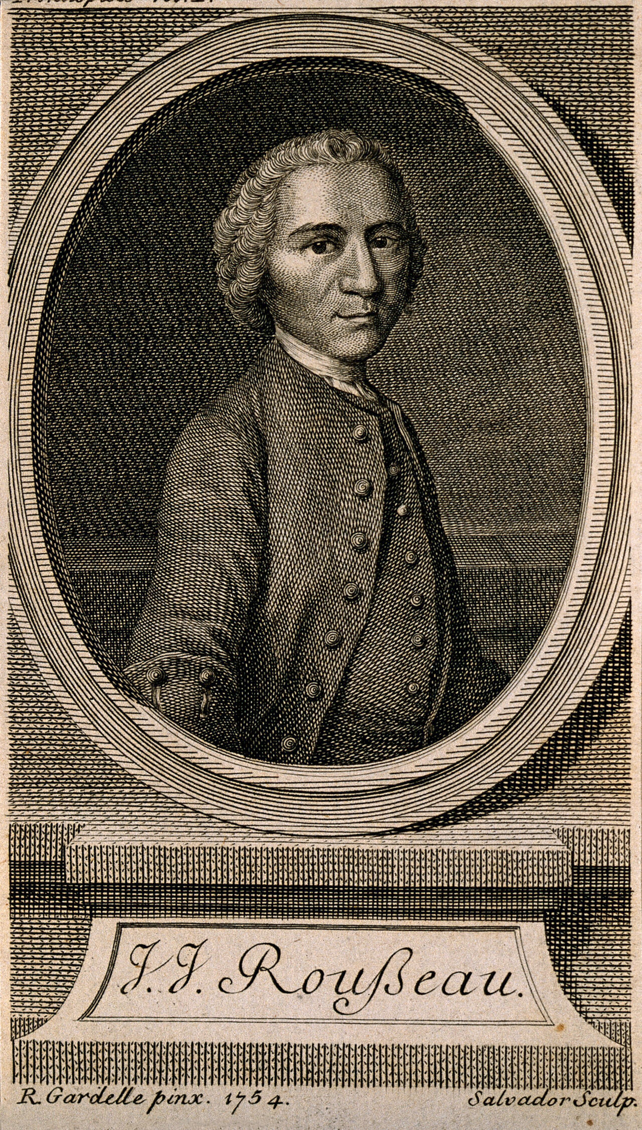 Jean-Jacques Rousseau. Line engraving by M. Salvador Carmona, 1763, after R. Gardelle, 1754., 1763, by Robert Gardelle