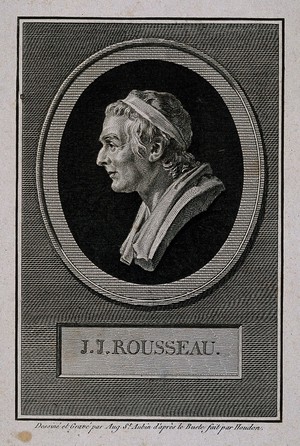 view Jean-Jacques Rousseau. Line engraving by A. de St Aubin after J. A. Houdon.