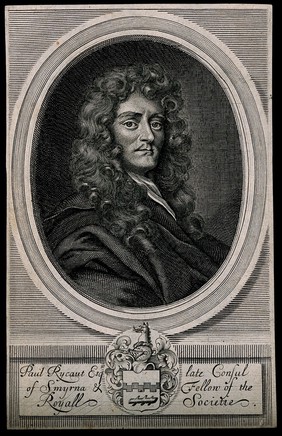 Sir Paul Rycaut. Line engraving, 1680, after R. White after Sir P. Lely.