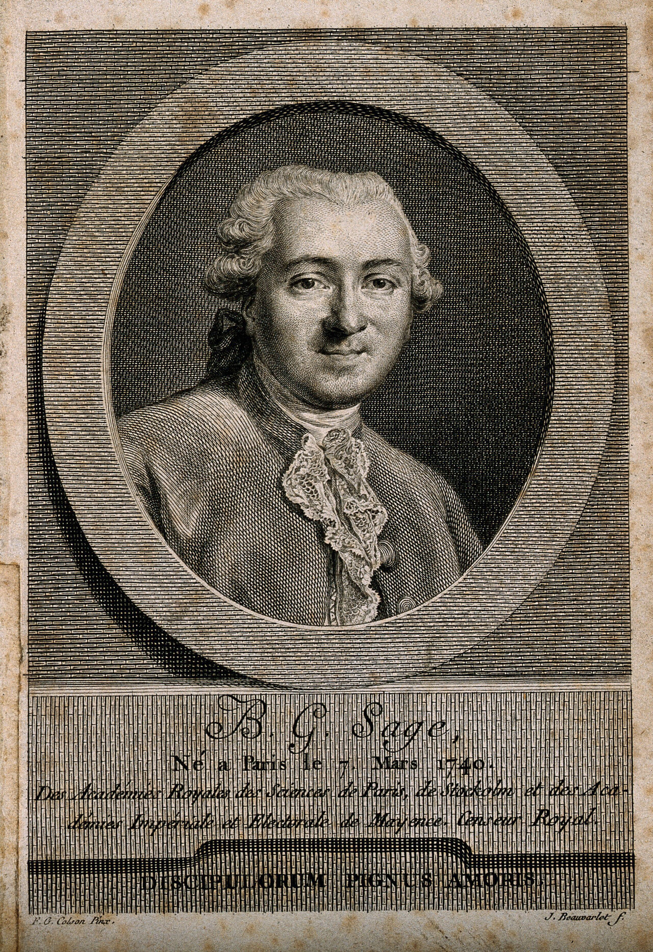 Balthazar Georges Sage. Line engraving by J. Beauvarlet after F. G. Colson., 1777, by Guillaume-François Colson