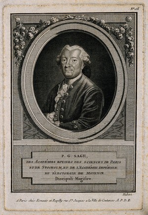 view Balthazar Georges Sage. Line engraving by F. Hubert.