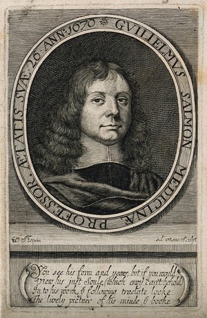 view William Salmon. Line engraving by W. Sherwin, 1671, after himself.