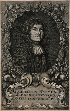 William Salmon. Line engraving by L. Burnford, 1681.