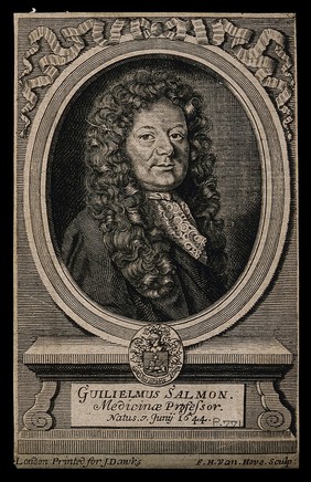 William Salmon. Line engraving by F. H. van Hove, 1714.