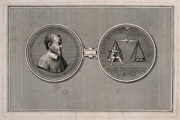 Sanctorius Sanctorius. Line engraving by C. Rizzi, 1765, after P. Novelli.