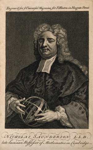 view Nicholas Saunderson [Sanderson]. Line engraving, 1752, after J. Vanderbank, 1719.