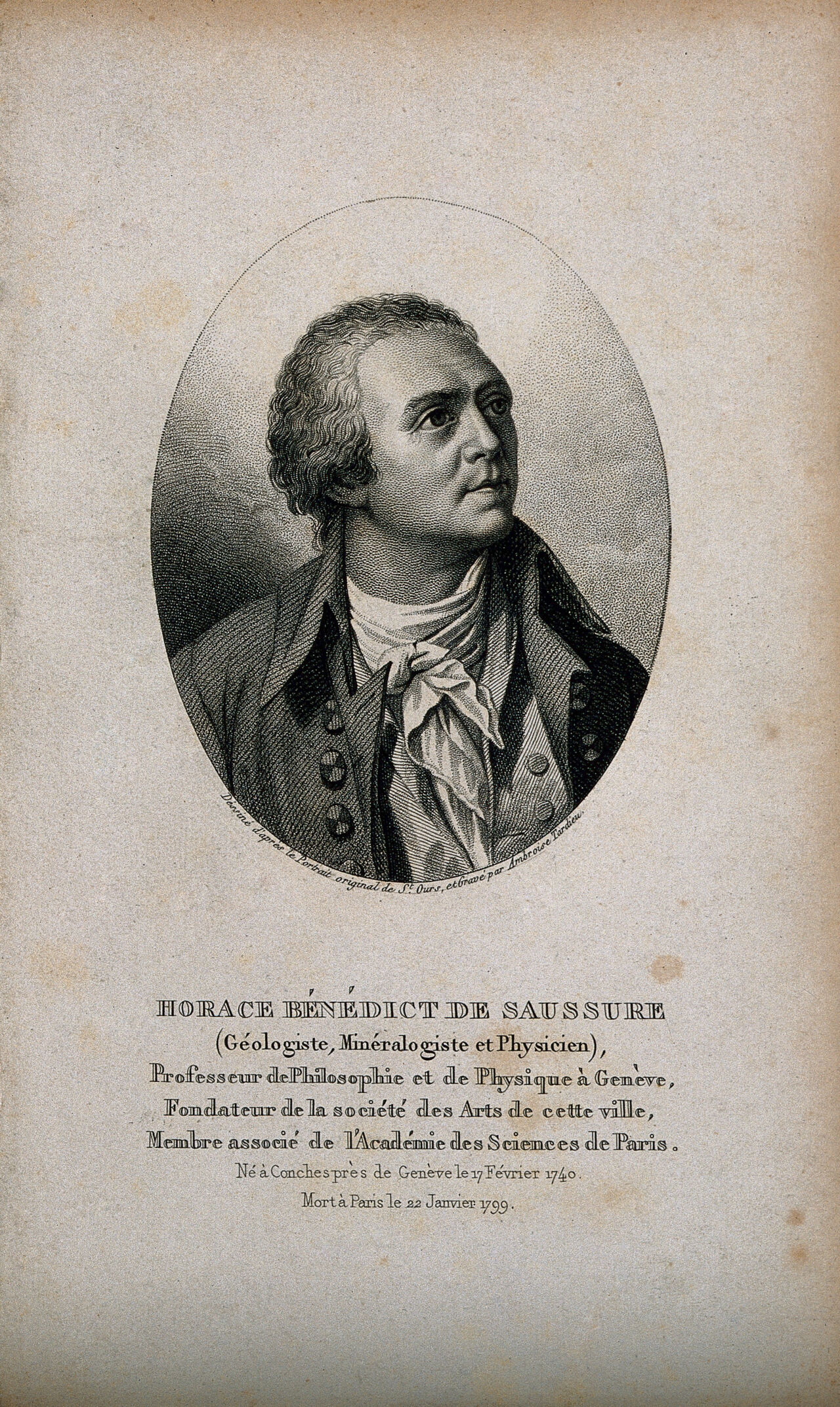 Horace Bénédict de Saussure. Stipple engraving by A. Tardieu after J. P. Saint-Ours., by Jean-Pierre Saint-Ours