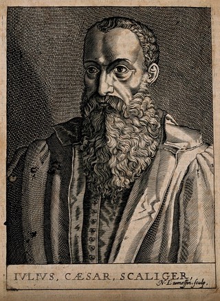 Julius Caesar Scaliger. Line engraving by N. de Larmessin, 1682, after T. de Bry.