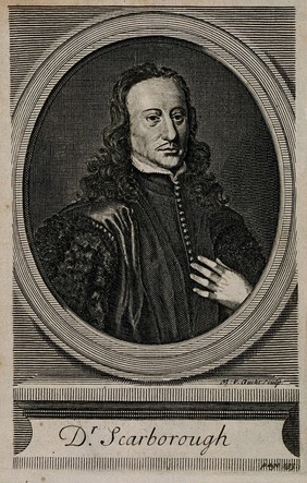 Sir Charles Scarburgh. Line engraving by M. van der Gucht, 1710, after J. Demetrius (?).