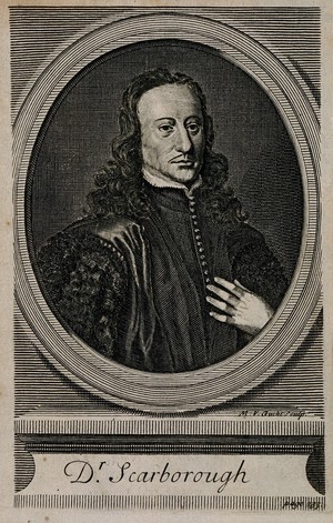 view Sir Charles Scarburgh. Line engraving by M. van der Gucht, 1710, after J. Demetrius (?).