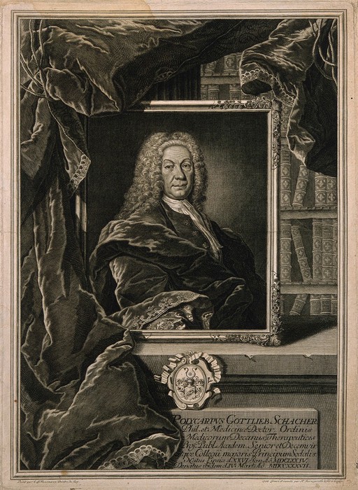 Polycarp Gottlieb Schacher. Line engraving by M. Bernigeroth, junior, 1738, after E. G. Haussmann.