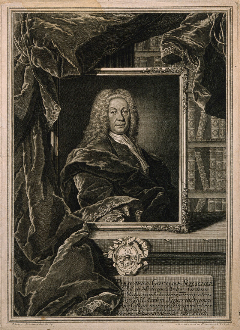 Polycarp Gottlieb Schacher. Line engraving by Bernigeroth fils, 1738, after E. G. Haussmann., 1738, by Elias Gottlob Haussmann